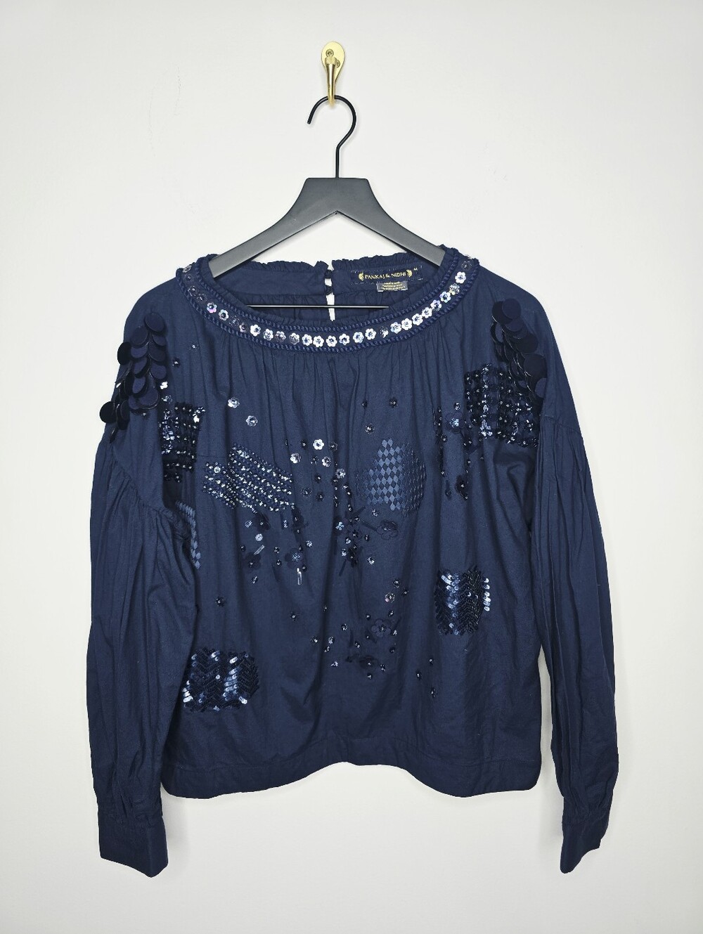Anthro Pankaj & Nidhi Navy Peasant Boho Blouse Size Medium